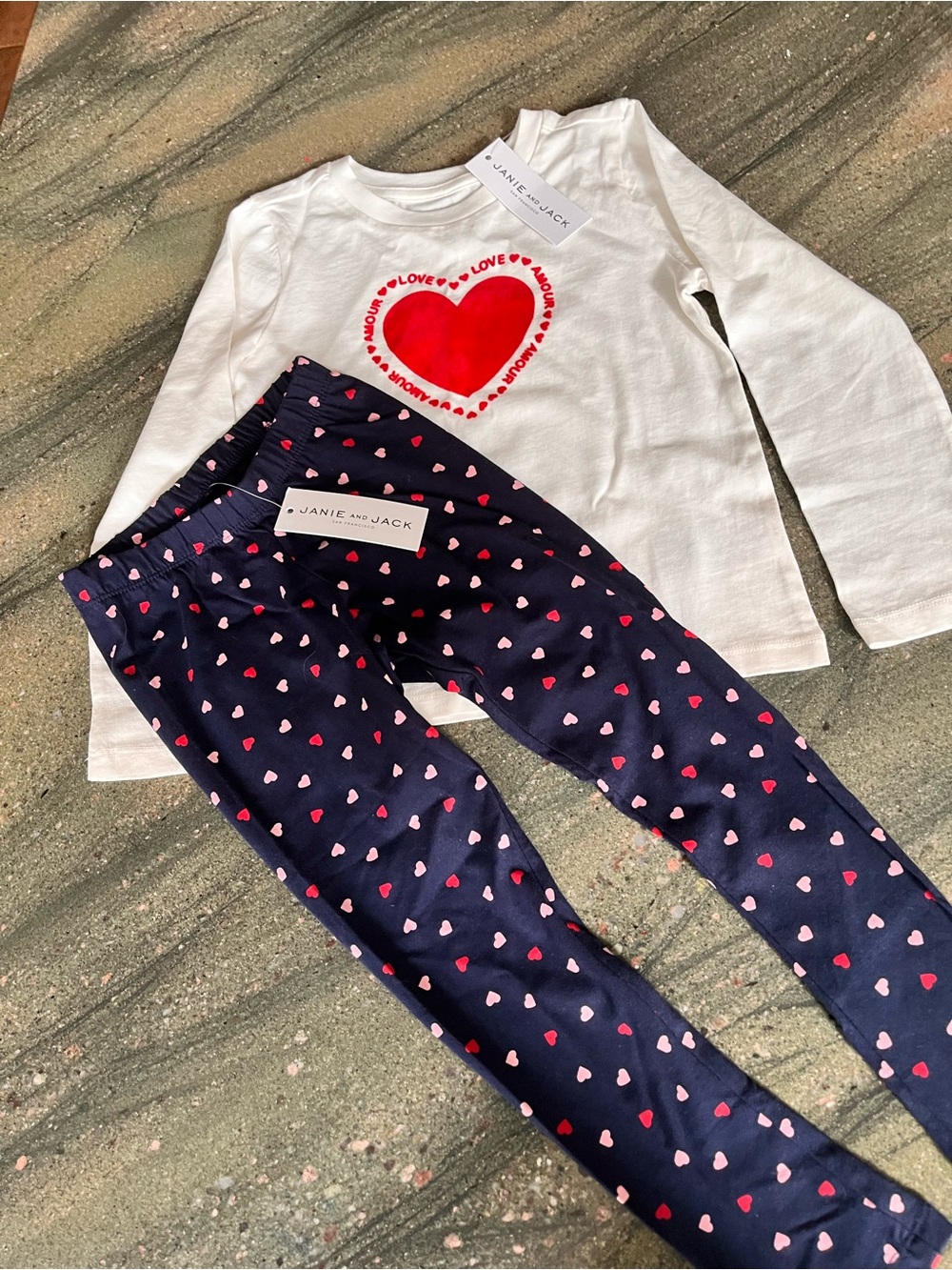 Janie and Jack Navy Jeggings and cream shirt with velvet red heart